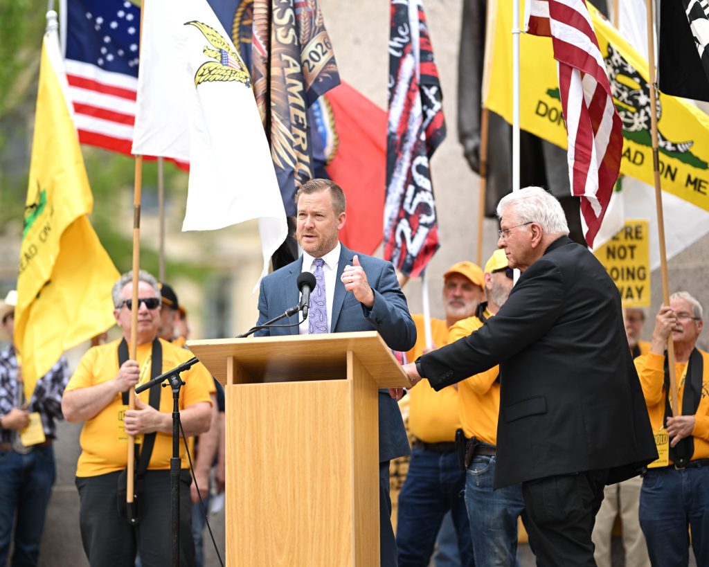 Rep. Davidsmeyer speaks at the 2026 IGOLD Rally at the State Capitol.